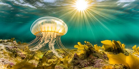 Wall Mural - Underwater sunlit scene with jellyfish and kelp.