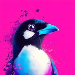 Poster - Vibrant blue and black bird portrait against a pink splash background.