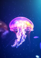 Wall Mural - Vibrant jellyfish underwater, glowing tentacles, dark blue background.