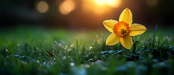 Wall Mural - Single yellow daffodil in dewy grass at sunset.