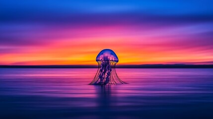 Wall Mural - Vibrant sunset over calm water with a jellyfish.