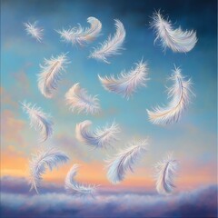 Poster - White feathers floating gently on a colorful sunset sky.