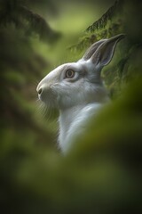 Wall Mural - White rabbit hidden in lush green foliage, looking alert.