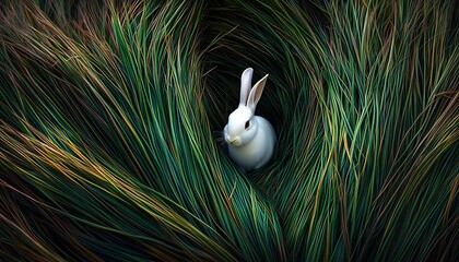 Poster - White rabbit hidden in lush green grass. (2)