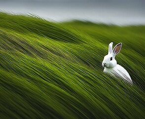 Poster - White rabbit hidden in tall green grass, windy day.