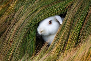 Poster - White rabbit hiding in tall green grass. (7)