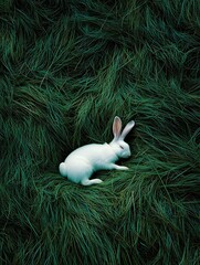 Wall Mural - White rabbit resting in lush green grass. (1)