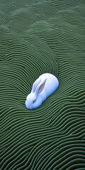 Poster - White rabbit resting on textured green surface.