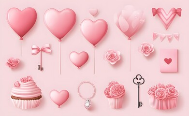 Canvas Print - Pink Valentines Day themed illustrations of hearts balloons roses and cupcakes