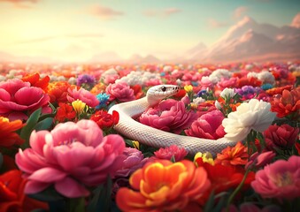 Poster - White snake amidst vibrant flowers in a sunlit field with mountains in the background.