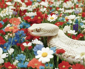 Poster - White snake among red, white, and blue flowers.