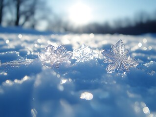 Three ice crystals on snow, sunlit.