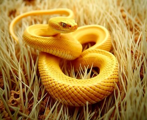 Wall Mural - Yellow snake coiled in dry grass.