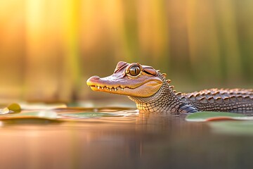 Wall Mural - Young spectacled caiman in swamp water at sunset.