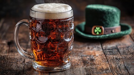 A frothy beer mug beside a green felt hat, evoking a festive atmosphere.