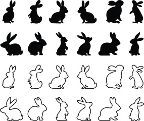 Hare rabbit bunny silhouette black icon in flat, line set. sign symbol of different shape pose rabbit bunny isolated on transparent background. design pictogram vector for apps or website