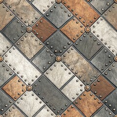 Wall Mural - Seamless Texture of Diamond Patterned Metal and Stone Tiles with Rivets