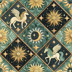 Wall Mural - Celestial Sun Moon Stars and Mythical Pegasus Seamless Pattern Design