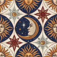 Wall Mural - Celestial Sun Moon Stars Seamless Pattern Vintage Astrology Art Design