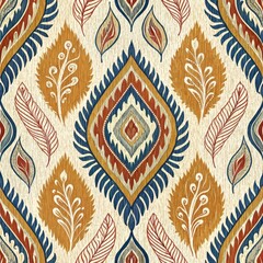 Wall Mural - Seamless Tribal Ikat Pattern Bohemian Ethnic Textile Design with Leaves and Geometric Motifs