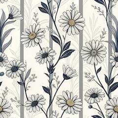 Wall Mural - Elegant Monochrome Daisy Floral Pattern Seamless Botanical Design Striped Background Texture