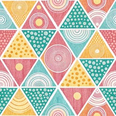 Wall Mural - Abstract Geometric Triangle Pattern Seamless Texture with Circles and Dots in Pastel Colors