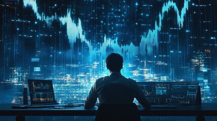 Canvas Print - Businessman analyzing forex trading graph financial data (Hologram). Stock Market Investments Funds and Digital Assets. Business finance technology and investment concept.