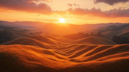 Sticker - Vibrant sunset over rolling hills.