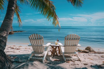 Two cocktails waiting on tropical beach with white adirondack chairs