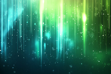 Wall Mural - background with glowing light blue and green lines, particles of data flowing in the air