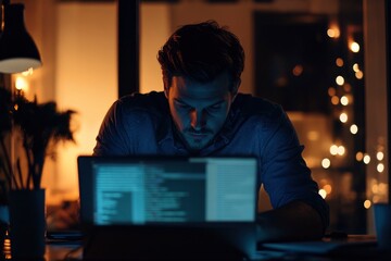 Man, programmer and coding at night on laptop mockup screen for networking, malware or software at the office. Male person, coder or developer working late in computer display in problem solving. 