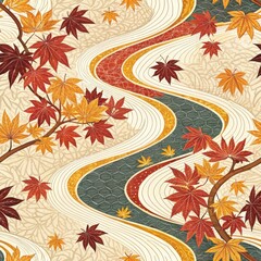 Wall Mural - Autumnal Japanese Maple Leaf Stream Design Elegant Fall Nature Background Textile Pattern