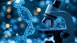 © Atchariya63 - A high-tech microscope examining a DNA strand with blue bokeh background.