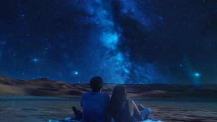 Couple Sitting Relaxed Looking at Milky Way in Desert. Fantasy illustration background Milky Way Seen in Desert with Couple