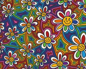 Floral groovy handdrawn illustration, colorful trippy background and wallpaper, rainbow daisy, digital colorful artwork of daisies