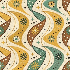 Wall Mural - Retro Mid Century Modern Abstract Floral Seamless Pattern Design Mustard Yellow Teal Brown