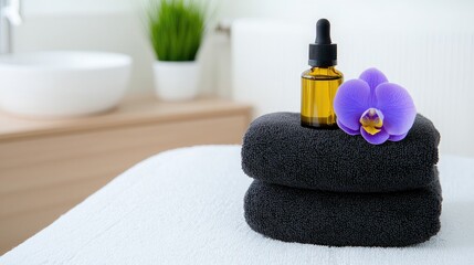 Relaxing spa setup with essential oil, towels, and orchid flower for wellness.