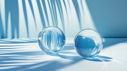 Wall Mural - Blue background with transparent glass balls. Minimal concept and soft sunlight. Copy space.