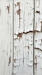 Wall Mural - A rustic wooden surface with peeling white paint, showcasing weathered textures and a distressed appearance.