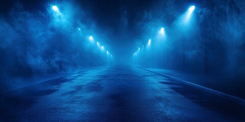 Canvas Print - Dark street of the night city, Dark blue background, an empty dark scene, neon, spotlights reflecting on the asphalt floor, and a studio room with smoke floating up, a night view the city.