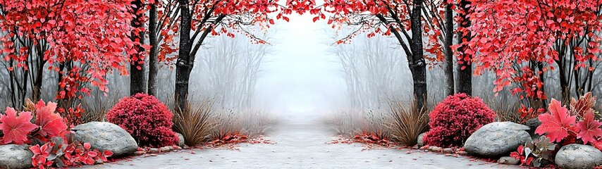 Wall Mural - A serene pathway flanked by vibrant red trees and soft fog, creating a tranquil autumn landscape. background gentle shades inviting concept