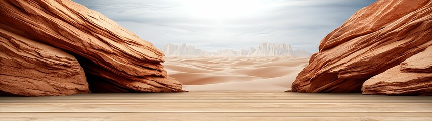 Wall Mural - desert landscape with towering rock formations and a bright, distant horizon under a clear sky. back