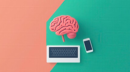 Creative workspace with modern brain model, laptop, and smartphone on colorful background