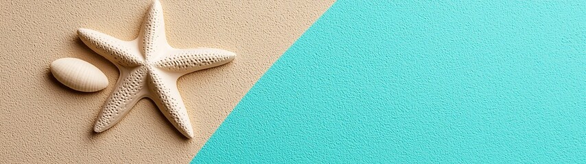 Wall Mural - a starfish and a small stone resting on sandy beach with turquoise water in the background, evoking 