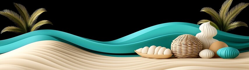 Wall Mural - colorful beach scene featuring turquoise waves, seashells, and palm leaves against a dark background