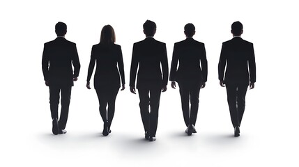 Wall Mural - A group of five individuals in business attire walking away, silhouetted against a bright background, conveying themes of professionalism and teamwork.