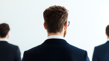 Wall Mural - A group of men in suits, viewed from behind, standing against a plain background, embodying professionalism and teamwork.