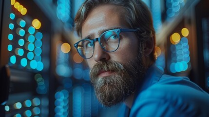 Close-up portrait of a bearded man wearing glasses in a dark room with blue bokeh lights. AI generative. .