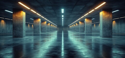 Leinwandbilder - Futuristic Industrial Concrete Corridor with Polished Floors and Fluorescent Lighting Shadows