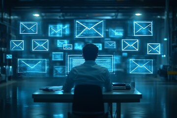 man reviewing digital emails on screen.